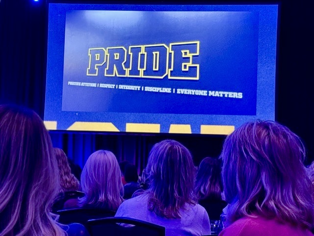 Pride slide on screen during Jason Sudeikis' conversation